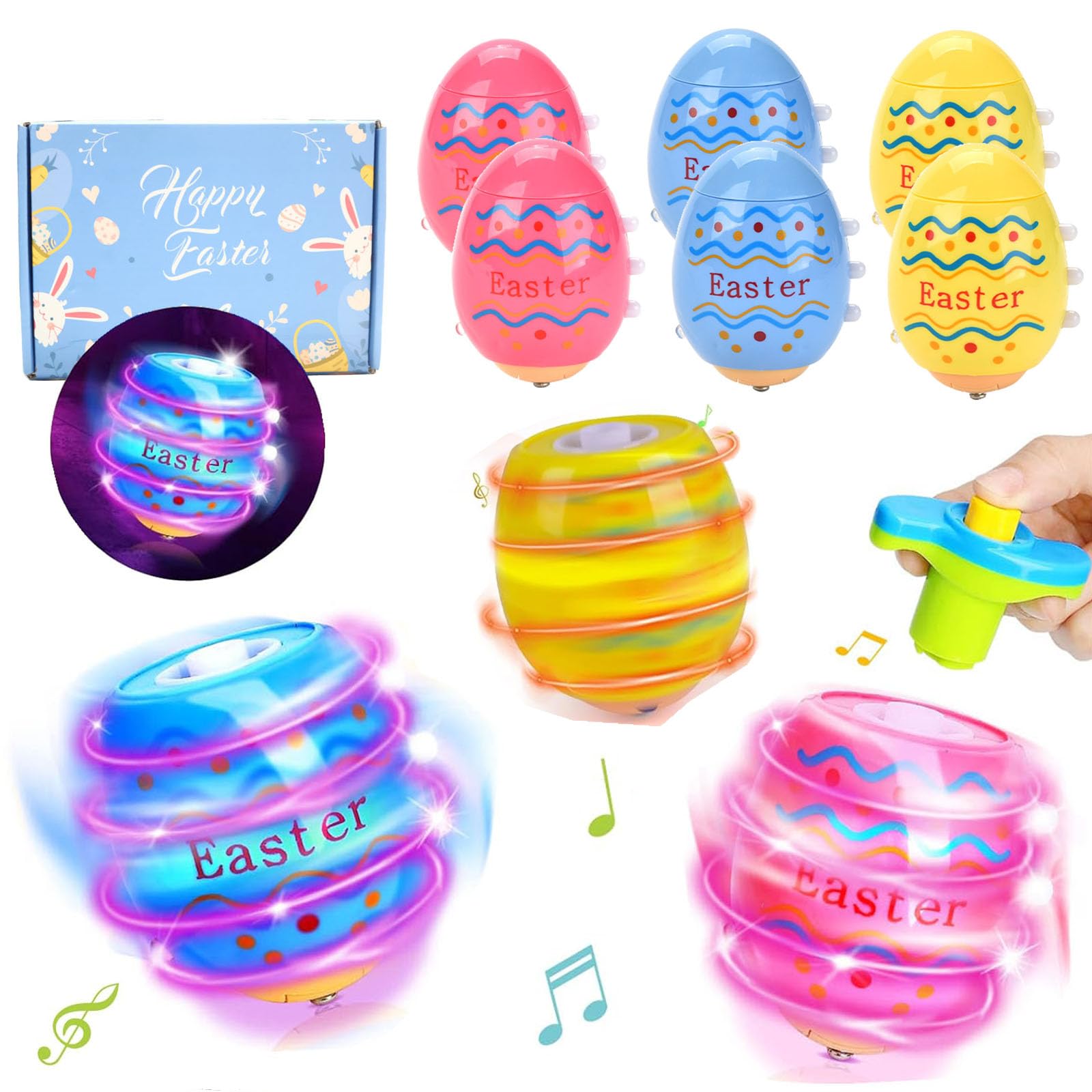 Light Up Easter Eggs Toy Gifts For Kids, 6 Easter Egg Spinning Tops With Flash & Music, Easter Basket Stuffers, Easter Eggs Hunt