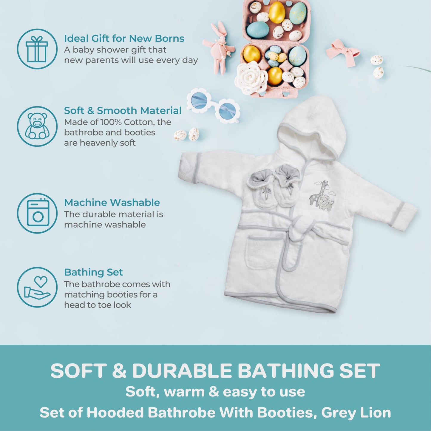 Spasilk Hooded Terry Bathrobe With Booties, Baby Shower Set, One Size, Grey Lion