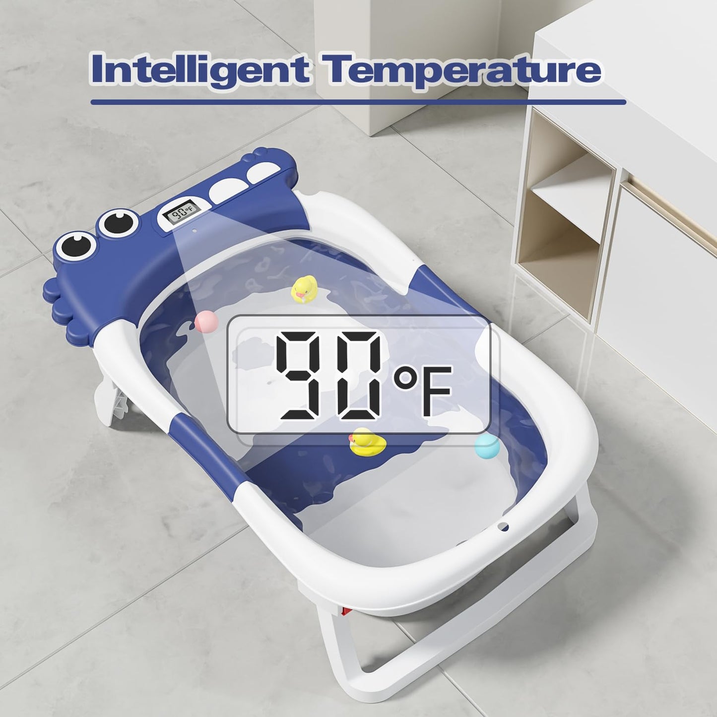 Collapsible Baby Bathtub, Baby Bath Tub With Soft Cushion & Thermometer, Alligator Baby Bathtub With Detachable Feet, Durable In
