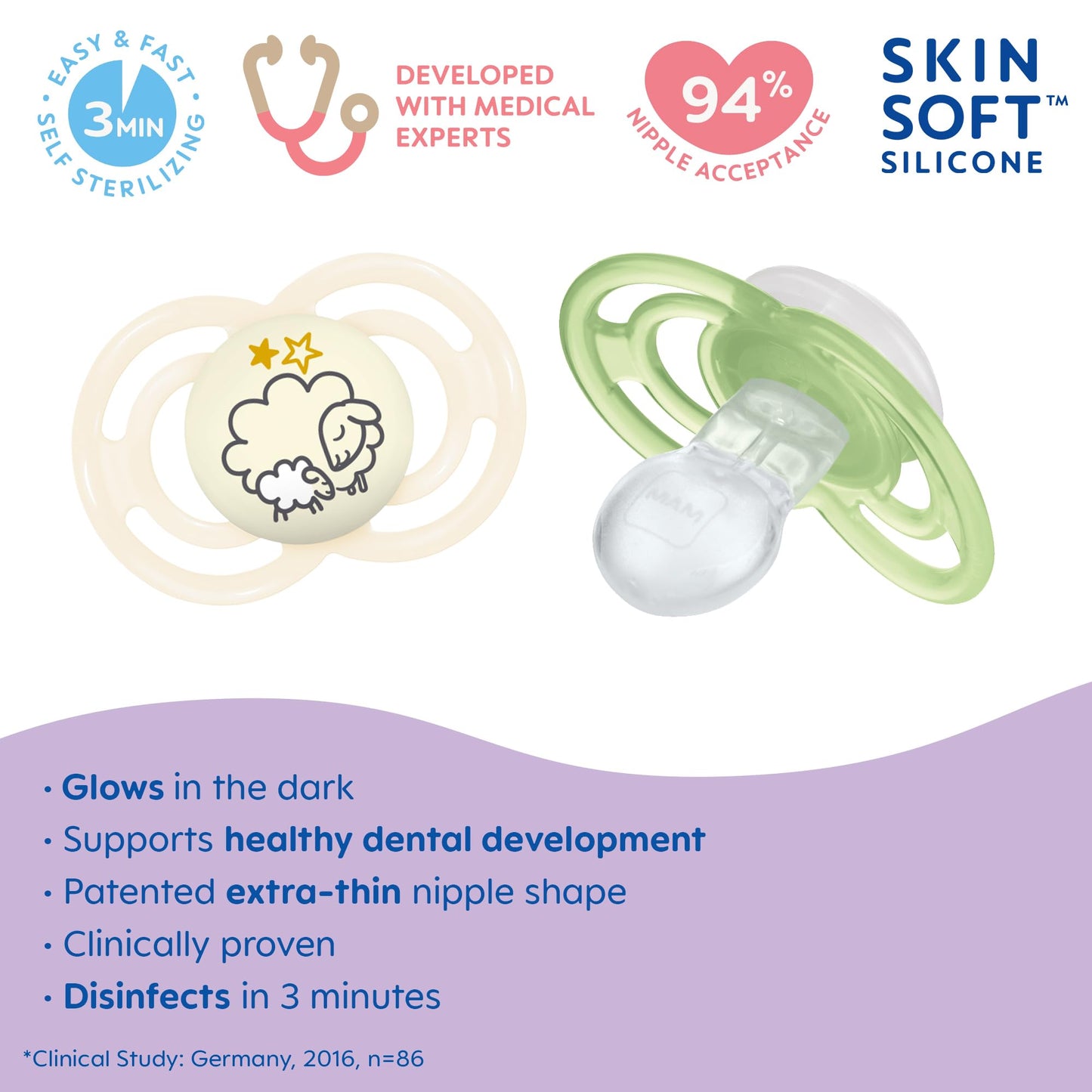 Mam Perfect Night Baby Pacifier, Patented Nipple, Glows In The Dark, 2 Pack, 6+ Months, Unisex