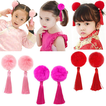 C  LLOT Baby Girls Chinese Style Hairy Furry Balls Bows Tassels Hair Clips Barrettes for Kids Festival