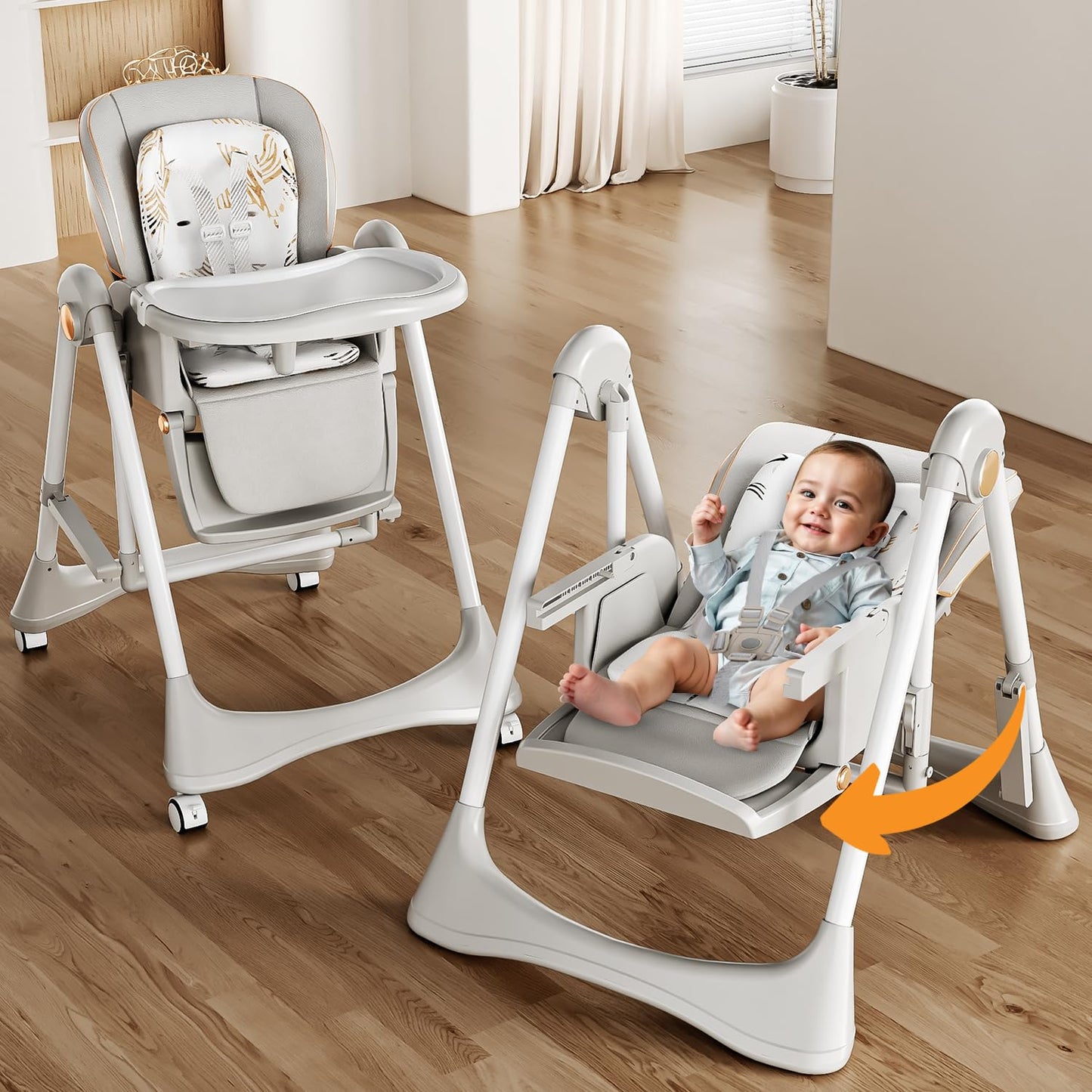 Baybee Nivio 3-In-1 Convertible High Chair For Kids Adjustable Baby Feeding Chair With Swing, Recline, Detachable Tray, 5-Point 