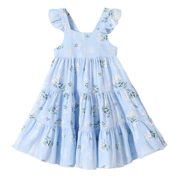 Younger Tree Toddler Girls Outfits Floral Flutter Sleeve Princess Dress Summer Clothes Line Skirts For Girls(5-6X,Blue Floral)