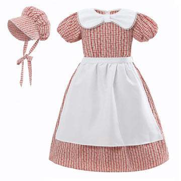 Ltakk Prairie Dresses Girls Pioneer Colonial Costume Girl Pilgrim Dress With Apron And Bonnet, Red Plaid Floral, Medium, Age Ove