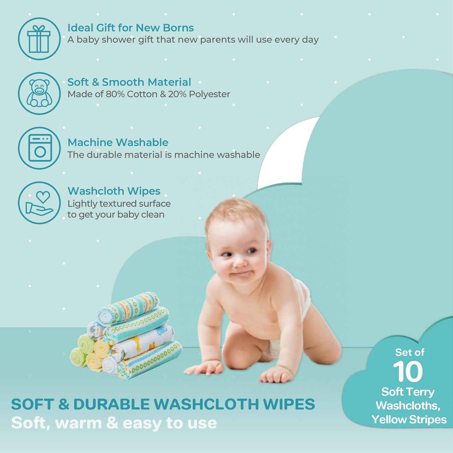 Spasilk Baby Washcloth Wipes Set For Newborn Boys And Girls, Soft Terry Washcloth Set, Pack Of 10, Yellow Lines