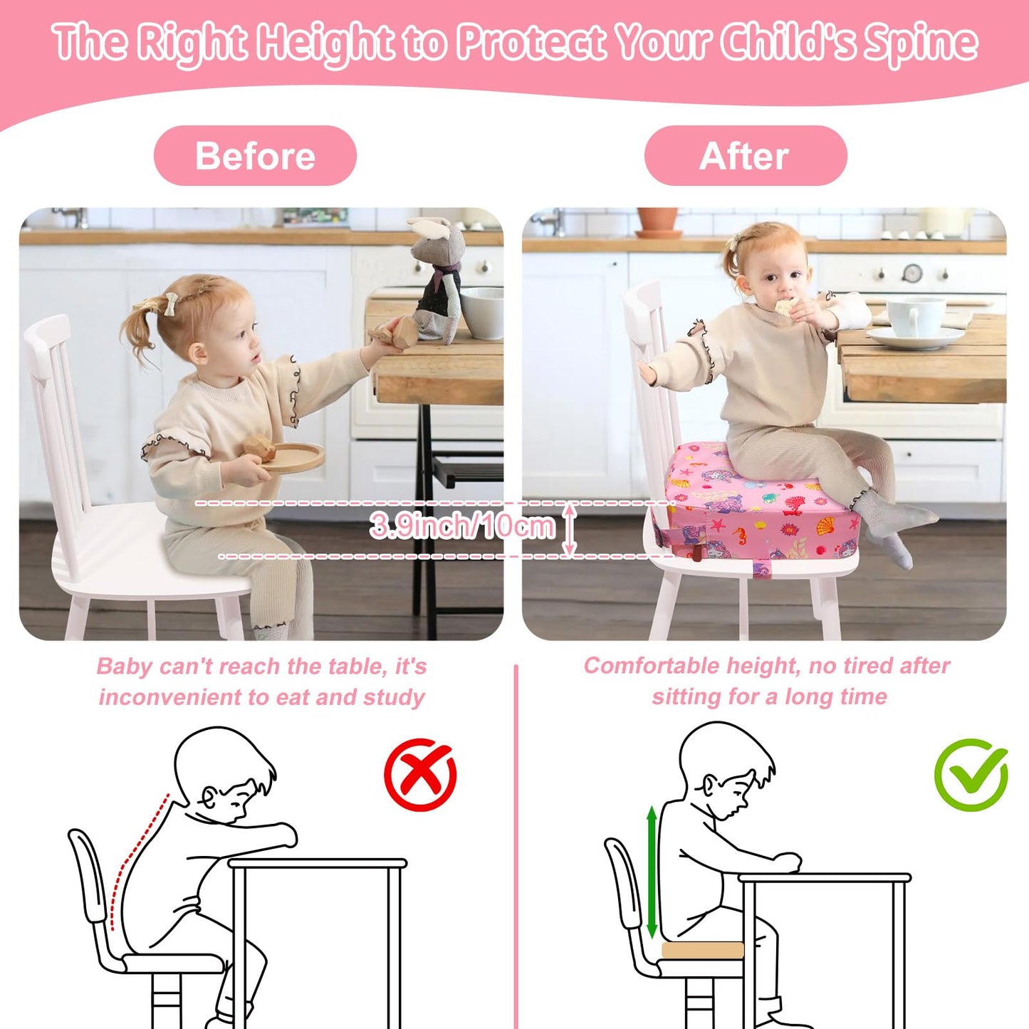 Totidyh Toddler Booster Seat For Kitchen Chair, Non-Slip Kids Dining Table Booster Seat With Adjustable Safer Straps, Portable B