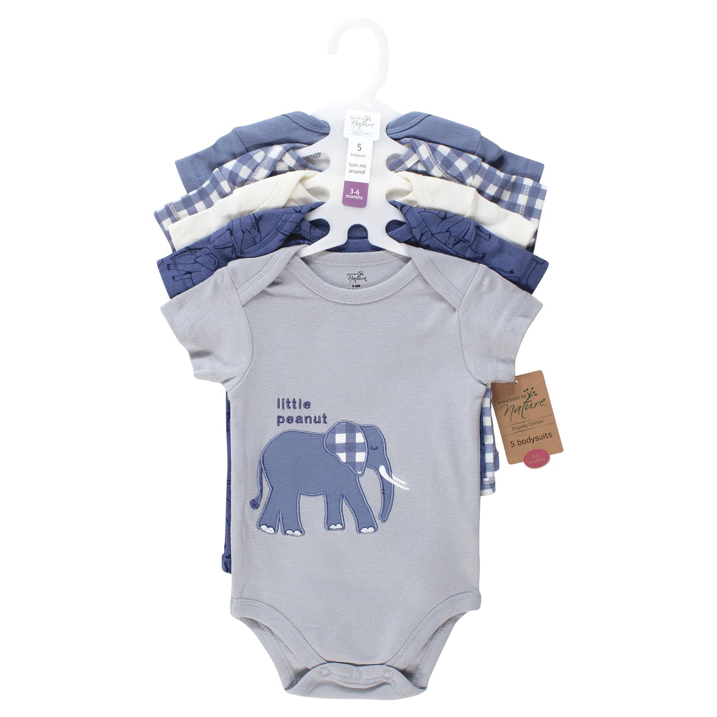 Touched By Nature Unisex Baby Organic Cotton Bodysuits, Blue Peanut, 3-6 Months