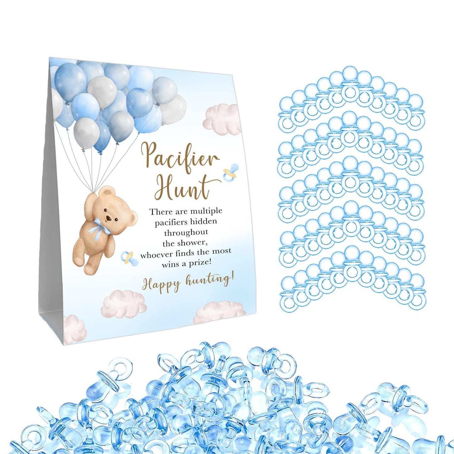 Guawubiang 51Pcs Winnie Baby Shower Games, Include Baby Pacifier Hunt Sign And 50 Blue Mini Pacifiers, Mini Pacifiers Baby Showe