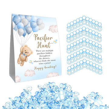 Guawubiang 51Pcs Winnie Baby Shower Games, Include Baby Pacifier Hunt Sign And 50 Blue Mini Pacifiers, Mini Pacifiers Baby Showe