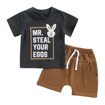 Adobabirl Easter Baby Boy Outfit Mr Steal Your Eggs Bunny Tshirt Solid Shorts Set Toddler Boy Easter Outfit Summer Clothes (D Ea