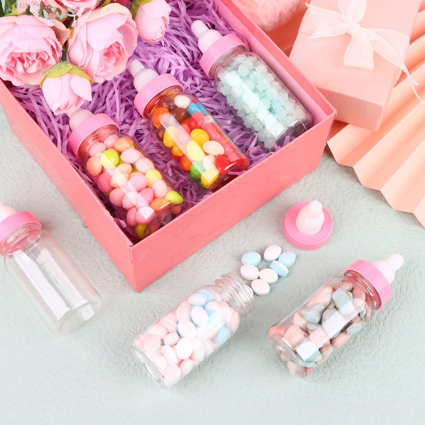 Pinkxhy 60 Pcs 4.5 Inch Baby Mini Milk Bottle Baby Shower Favor Fillable Feeding Bottle Candy Box Small Plastic Candy Container