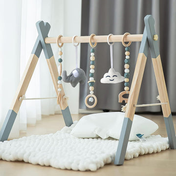 Avrsol Wooden Baby Play Gym Foldable Baby Play Gym Frame Activity Gym Hanging Bar With 5 Gym Baby Toys Natural Gift For Newborn