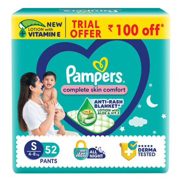 Pampers Complete Skin Comfort Pants, (Sm) 52 Count, AntiRash Blanket, Lotion With Vitamin E & Aloe Vera, Small Size Baby Diaper