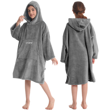 Hiturbo Kids Towel Changing Robe: Soft Plush Wearable Blanket - Warm Coral Fleece Hoodie - Swim Surf Poncho For 5-12 Years (Gray