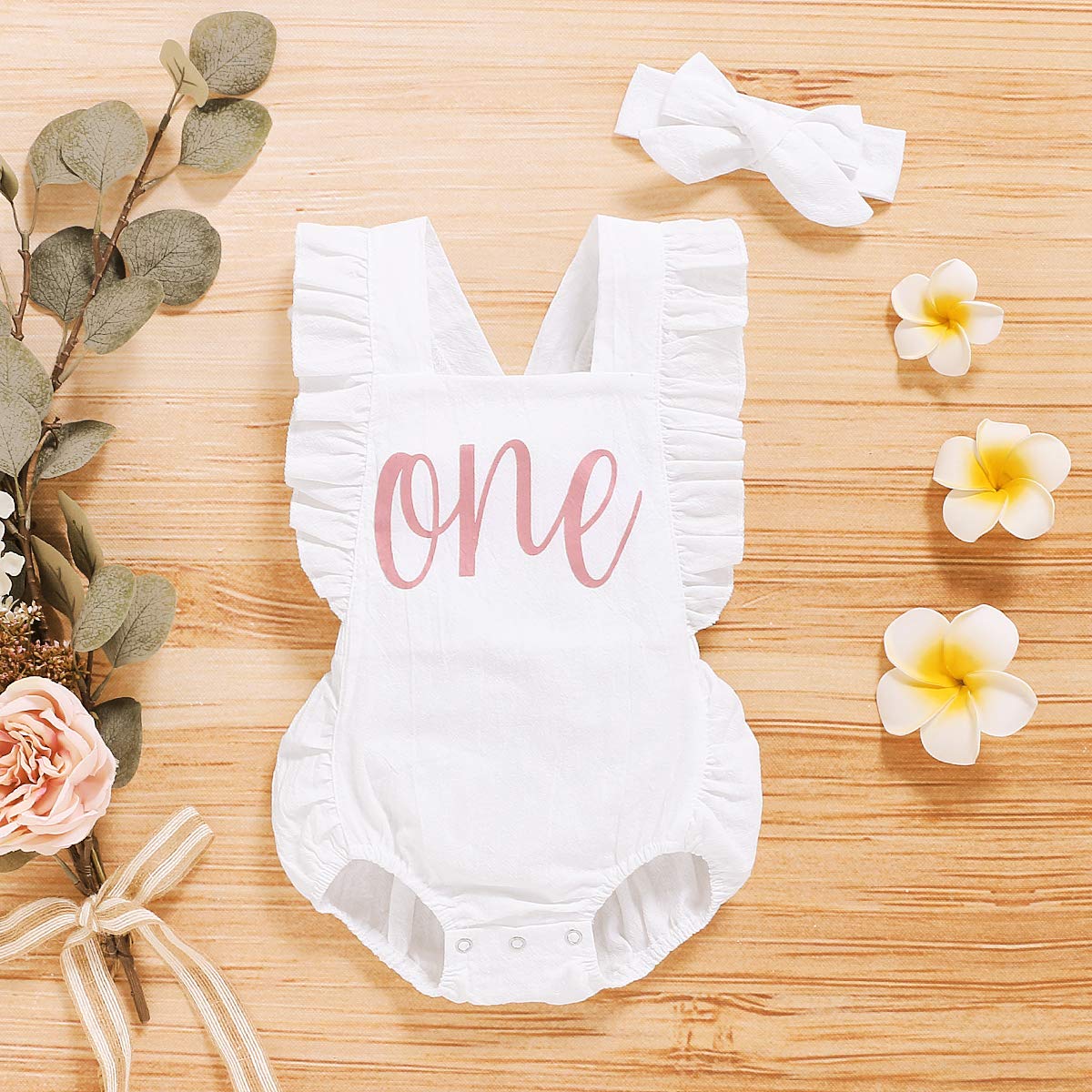 Shalofer Baby Girls One Year Old Outfits First Birthday Romper Cute Backless Ruffles Jumpsuit With Headband (White,6-12 Months)