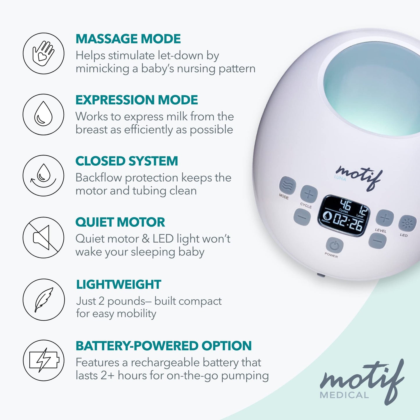 Motif Medical Luna With Battery Double Electric Breast Pump, Portable Breast Pump With Battery - Easy To Use, Quiet Motor, Built