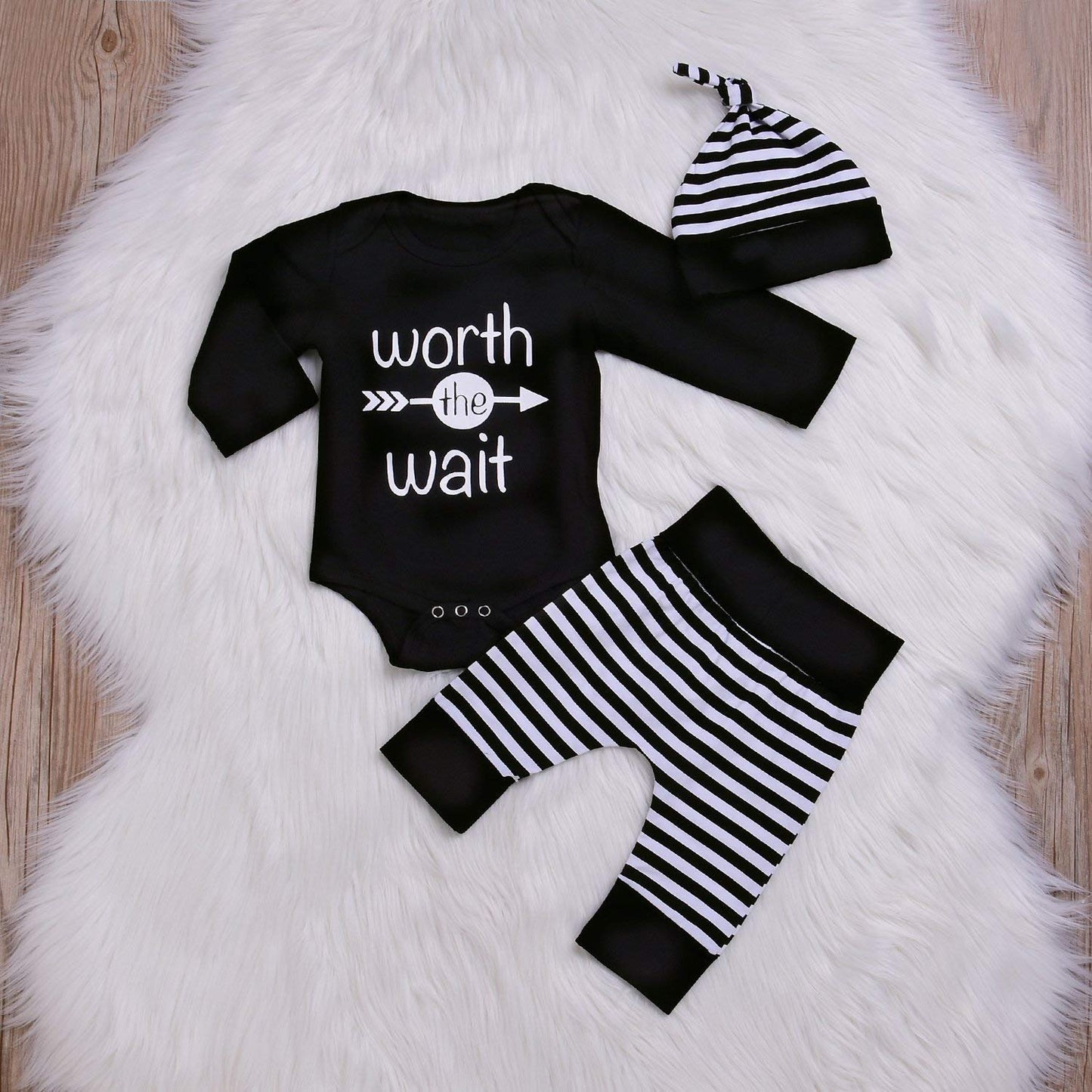 Besokuse Baby Unisex Worth The Wait Arrow Printed Romper Striped Pant Hat Outfit Clothes (Black, Newborn)