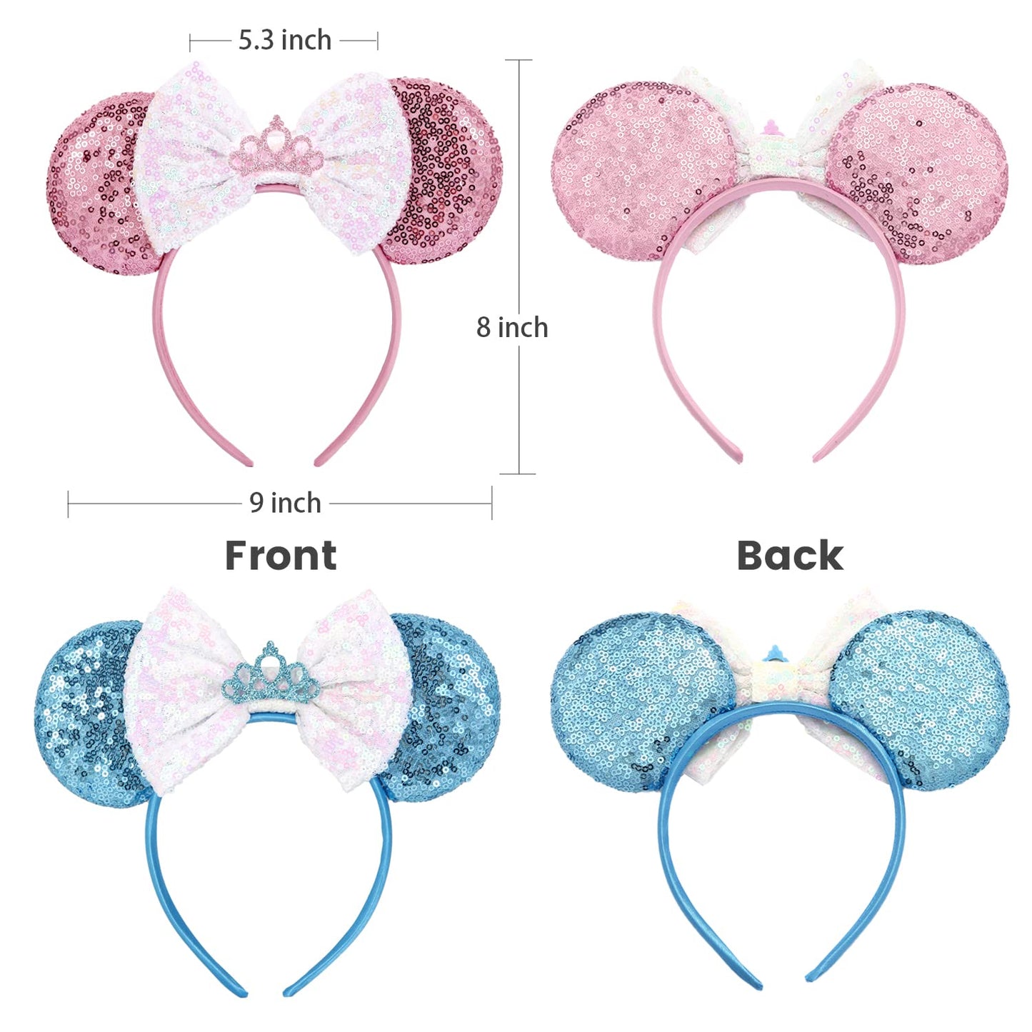 Rcjera Mommy And Me Glitter Headbands - Classic Bow Ears For Kids, Women, Princess Cosplay, Birthday, Christmas Party (Blue+Pink