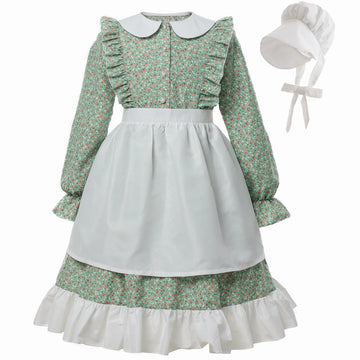 Fccam Prairie Dresses For Girls Pioneer Costume 19Th Century Long Sleeves Colonial Dress Green Xl Age Over 4 Years Old