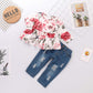 Caretoo Baby Girl Clothes Floral Print Long Sleeve Crew Neck Ruffle Top Fashion Ripped Jeans Fall Winter Toddler Girls Outfits