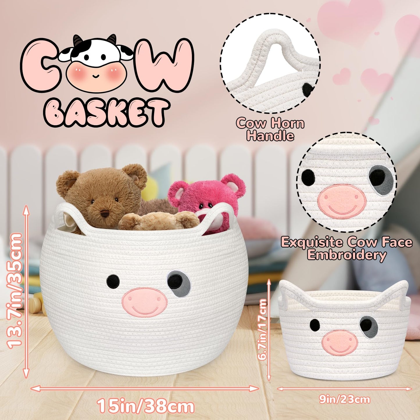 Baby Basket Toy Storage 2 Pack, Cow Woven Cotton Rope Storage Basket, Cute Toy Basket With Handle, Laundry Basket Organizer For