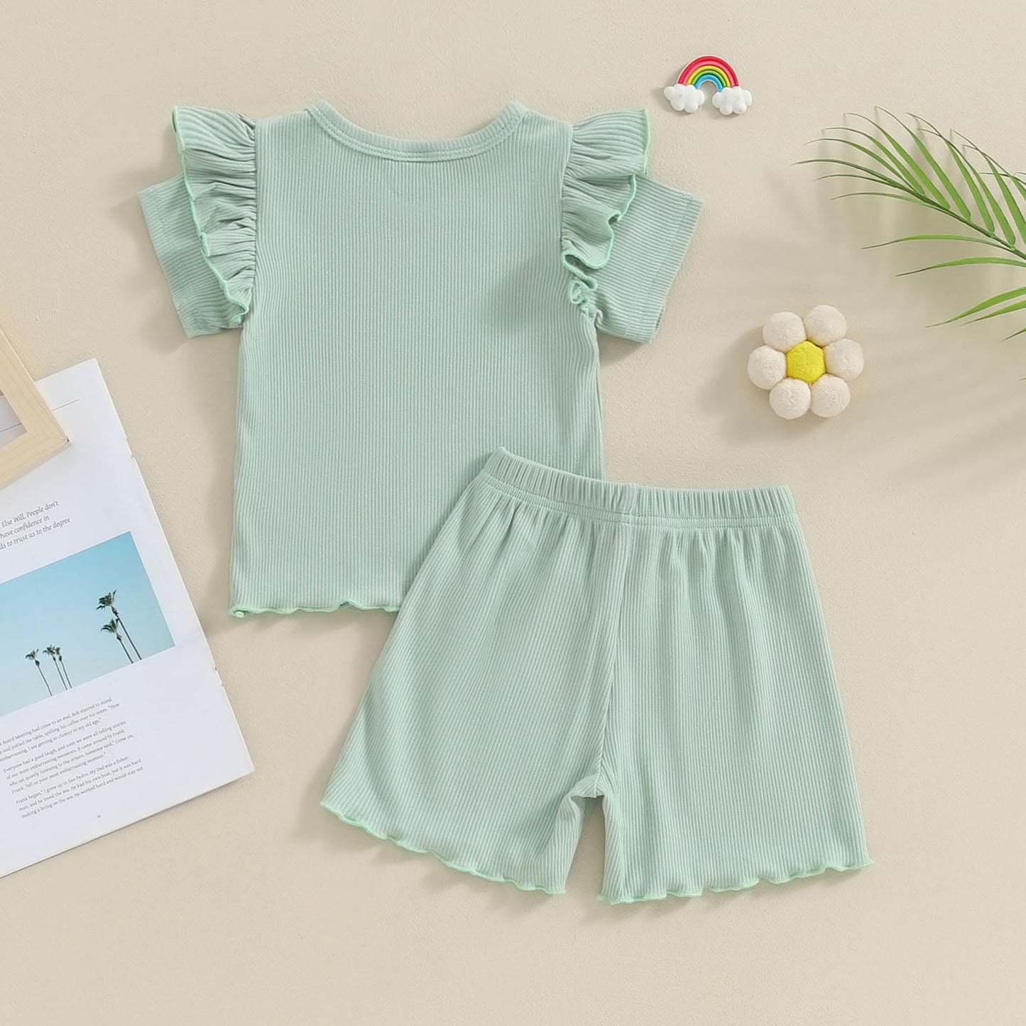 Kupretty Toddlers Baby Girls Summer Clothes Set Ruffle Ribbed Knit Short Sleeves T-Shirt Tops Shorts Comfy Outfits (A Green, 3-4