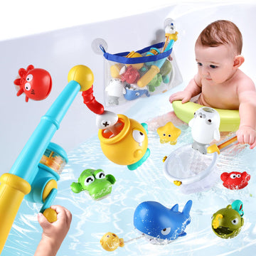 Aprilwolf Bath Toys for Kids Ages 1-3, Magnetic Fishing Toys with Storage Bag and Light up Star, Wind up Creatures Baby Bathtub 