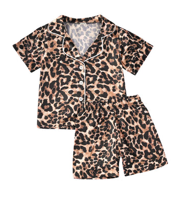 Toddler Baby Kids Satin Pajamas Set, Long Sleeve Button-Down Sleepwear Pjs For Girls (6T, Leopard-Short Sleeve)