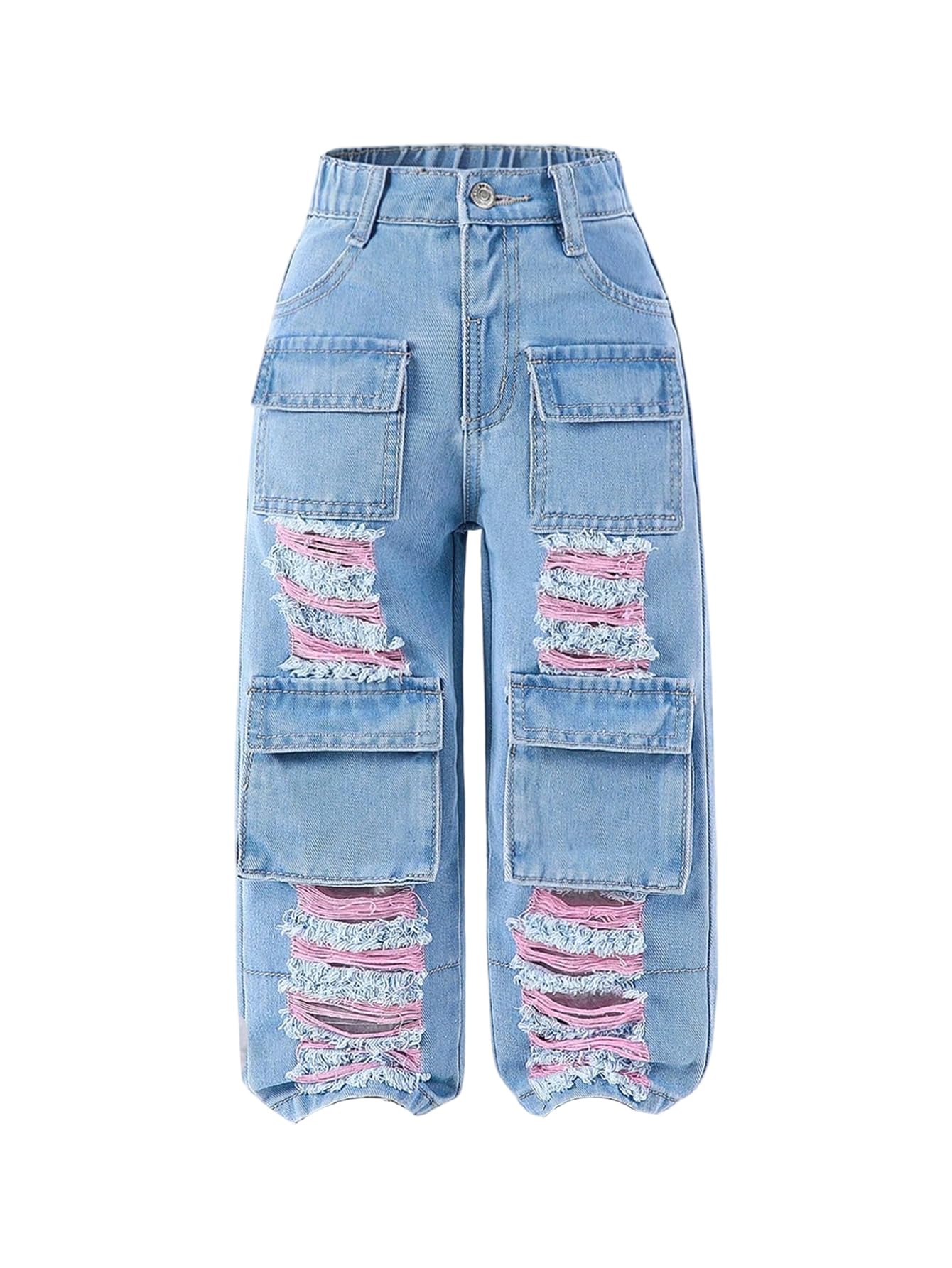 Verdusa Toddler Girls Distressed Ripped Jean Cargo Pants Y2K Leg Denim Pants with Pockets Light Wash 4 Years