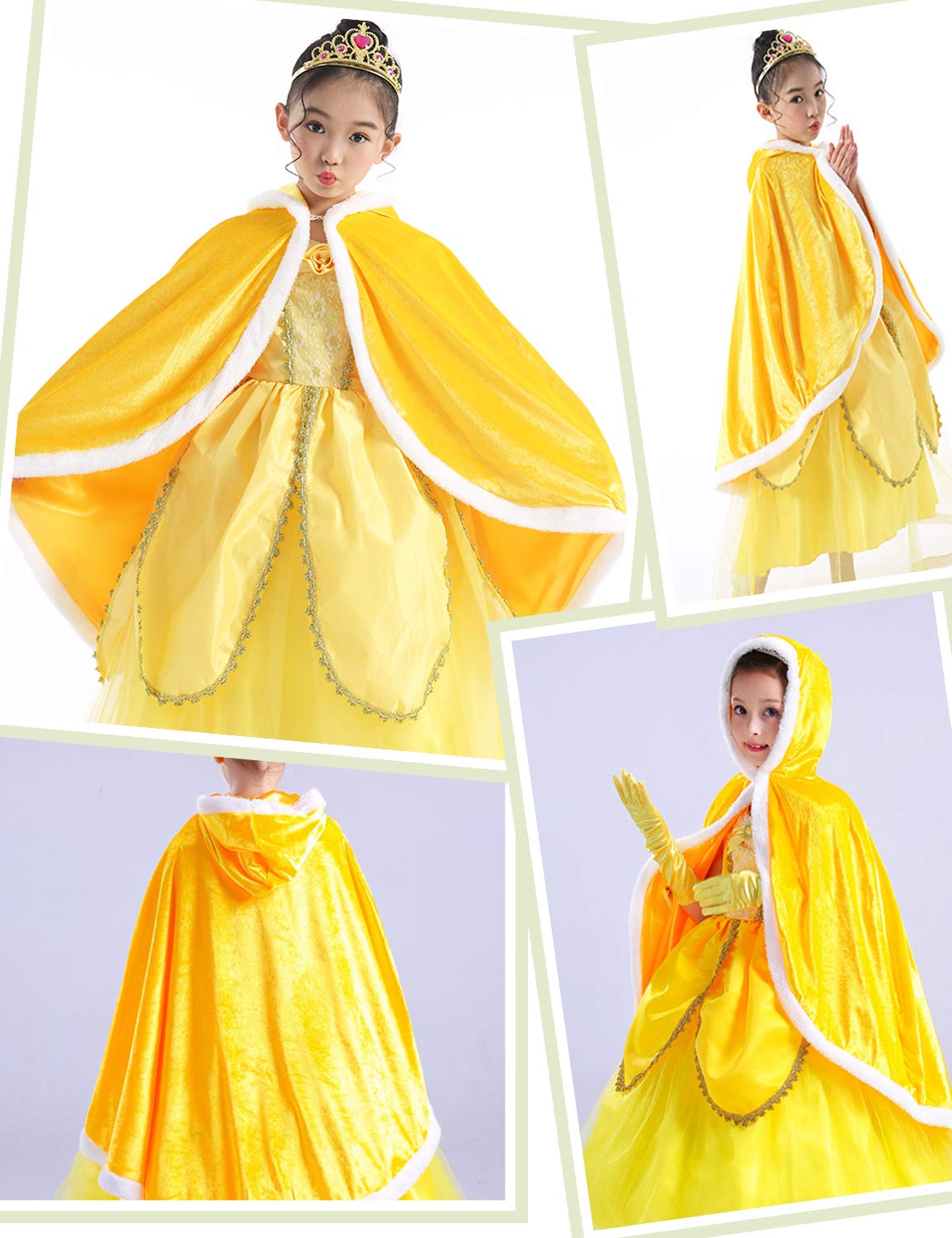 Party Chili Fur Princess Cape Fur Hooded Cloaks Costume For Girls Dress Up Yellow 6-7 Years(130Cm)