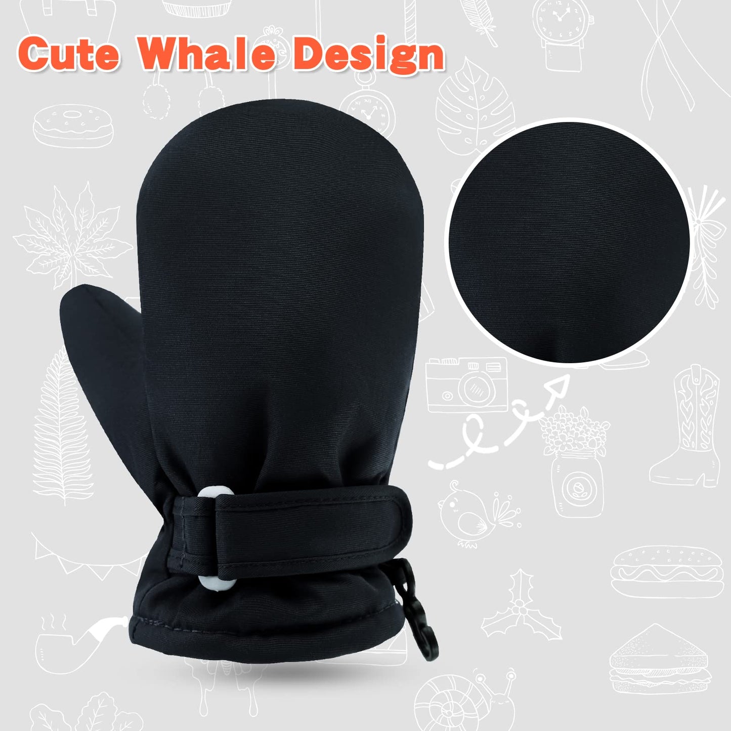 Toddler Waterproof Mittens Fleece Lined Baby Boys Girls Winter Warm Glove Kids Snow Infant Ski Mitten For 3M-5T (Black, 1-2T)