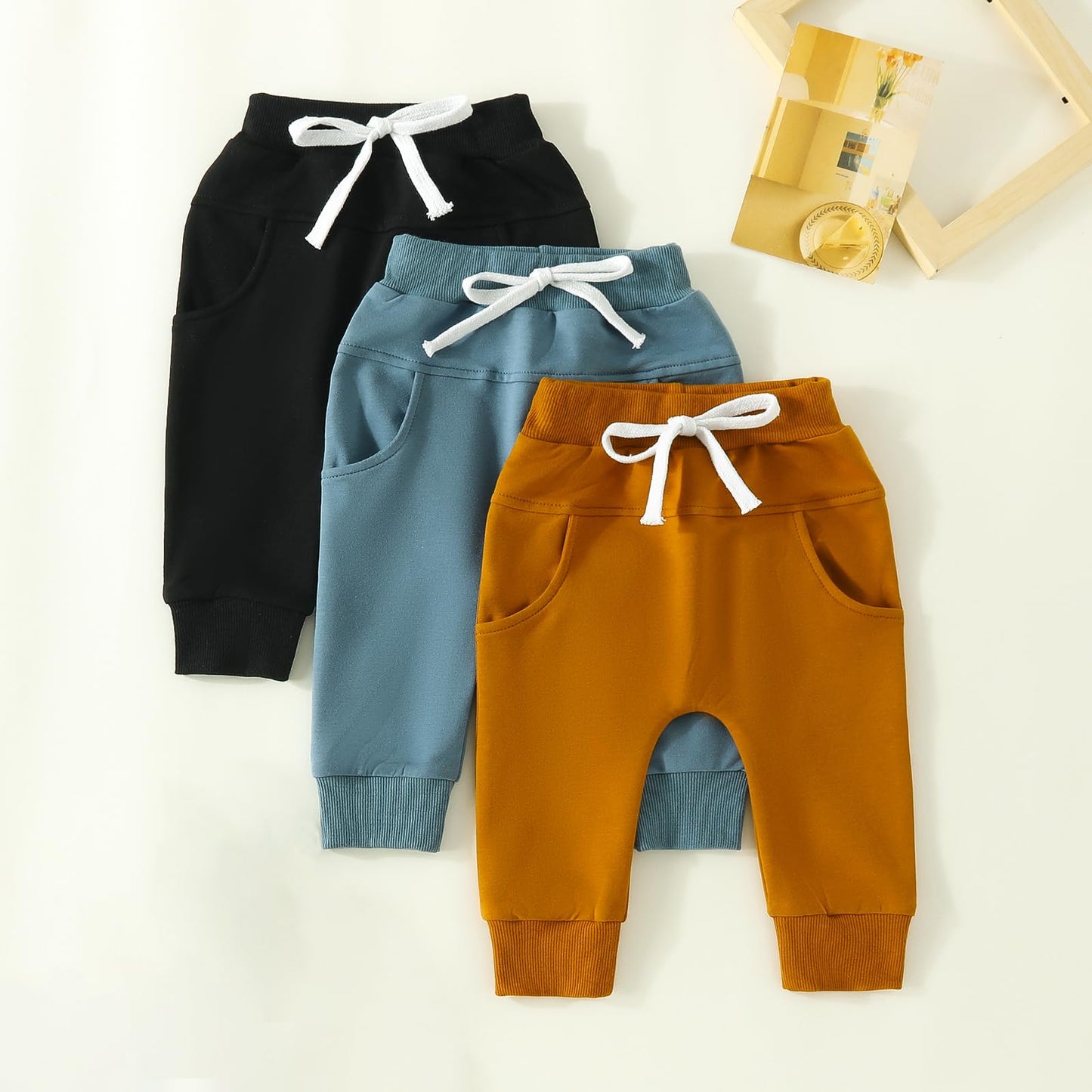 Yoawdats Baby Boys' Classic Fit 3-Pack Jogger Pants - Knit Elastic Waist Toddler Multipacks Long Pants