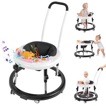 Baby Walker, Foldable 9-Gear Height Adjustable Baby Walker with Wheels, Infant Toddler Walker with Music Disk, Anti-Fall Baby Wa