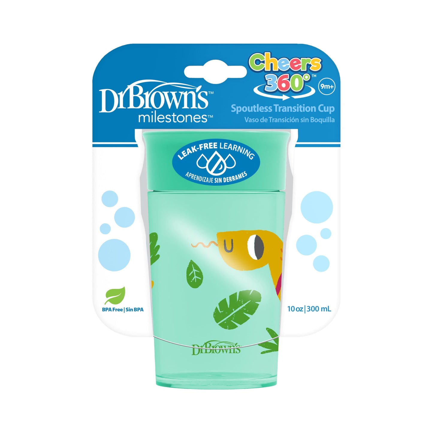 Dr. Browns Milestones Cheers 360 Cup Spoutless Transition Cup, Travel Friendly & Leak-Free Sippy Cup, Turquoise Snake, 10 Oz/300