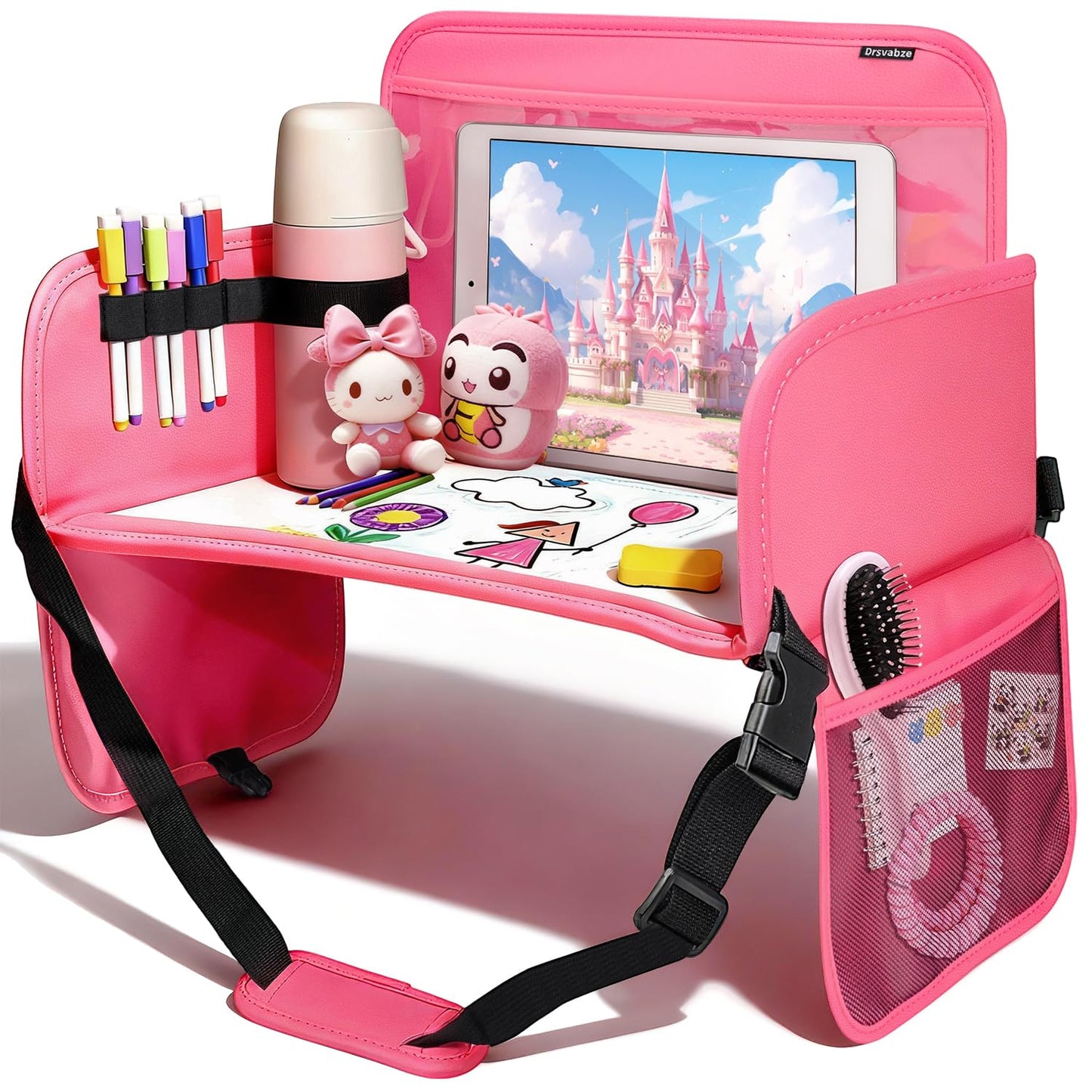 Drsvabze Leather Kids Travel Tray for Long Car Ride- Car Seat Tray for Kids Travel, Road Trip Essentials, Carseat Table for Road