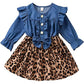Baby Girl Long Sleeve Fall Dress Infant Denim Leopard Ruffle Dresses Cheetah Outfit, Blue, 6-12 Months