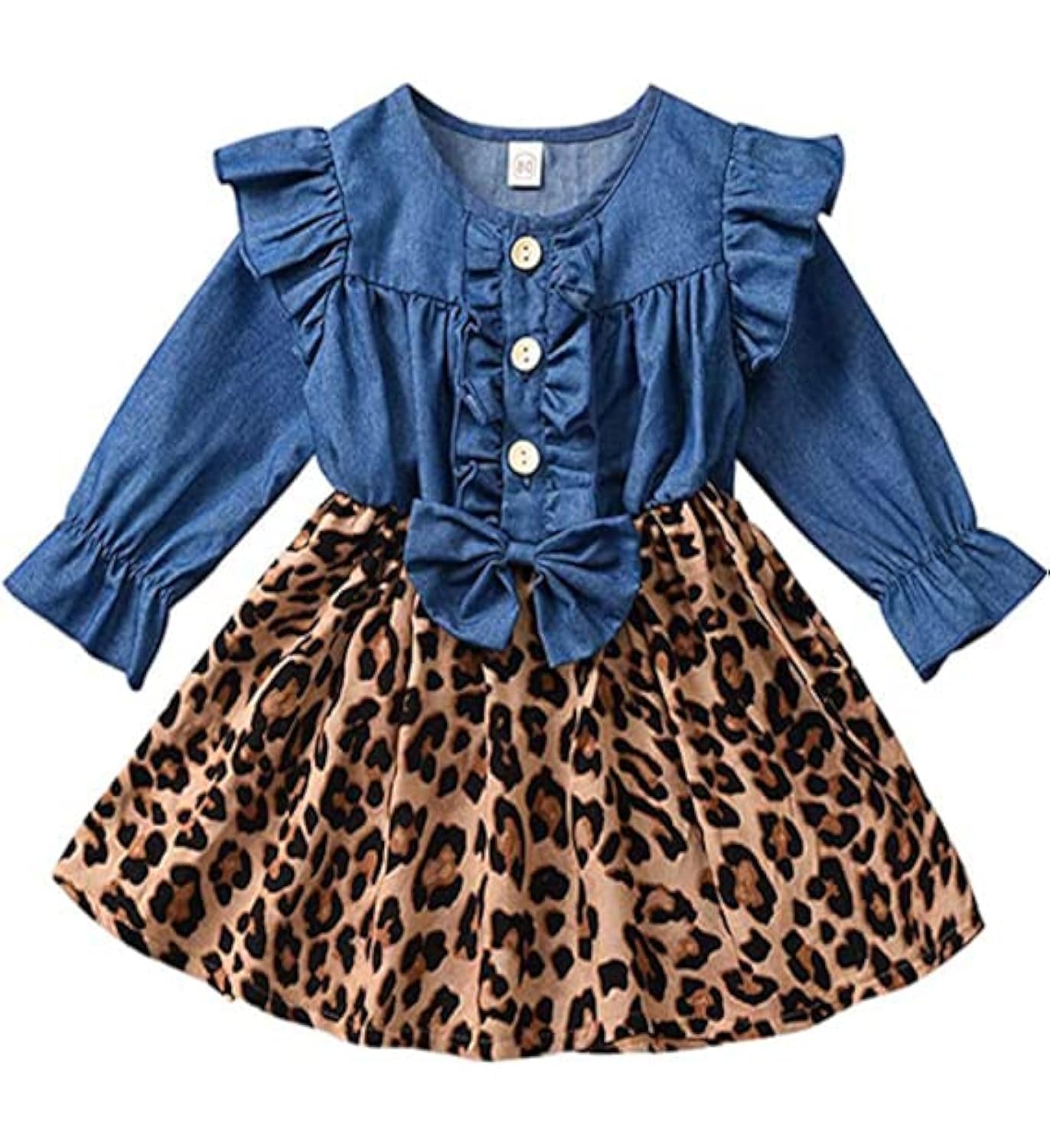 Baby Girl Long Sleeve Fall Dress Infant Denim Leopard Ruffle Dresses Cheetah Outfit, Blue, 6-12 Months