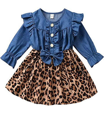 Baby Girl Long Sleeve Fall Dress Infant Denim Leopard Ruffle Dresses Cheetah Outfit, Blue, 6-12 Months