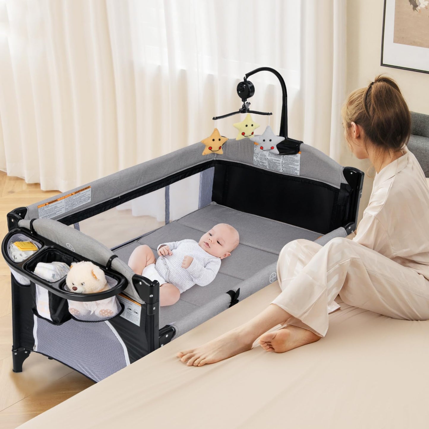 Infans Pack And Play, 5 In 1 Baby Bedside Sleeper With Bassinet, Diaper Changer, Mattress, Carry Bag, Music Box Hanging Toys, Fo