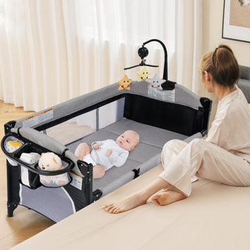 Infans Pack And Play, 5 In 1 Baby Bedside Sleeper With Bassinet, Diaper Changer, Mattress, Carry Bag, Music Box Hanging Toys, Fo