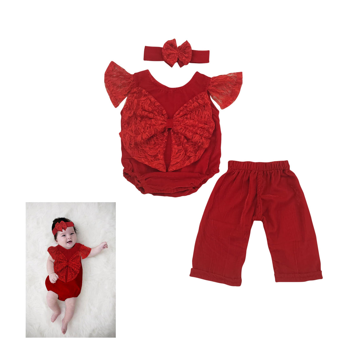 Infant GirlS Red Lace Romper With Headband And Pants, 3Piece Set (Red, 03 Month)