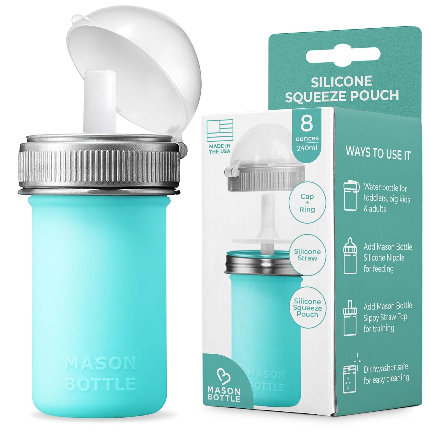 Mason Bottle 8Oz Silicone Squeeze Pouch With Straw - Reusable Baby Food And Snack Pouch For Toddlers - Soft Food And Liquid Bott