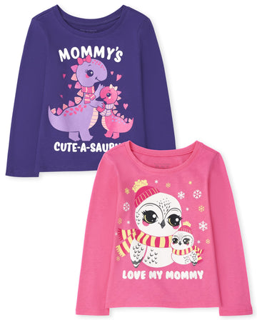 The Children'S Place Baby Girls The Children'S Place And Toddler Long Sleeve Graphic T- 2-Pack T Shirt, Mom/Animal, 2T Us