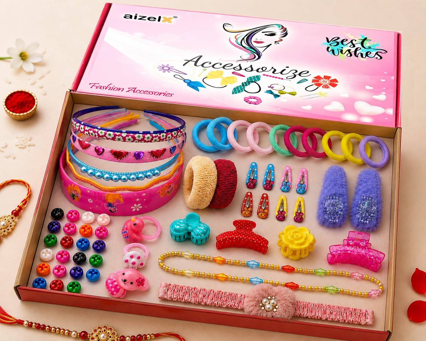 Aizelx Rakhi Birthday Diwali Gift Girls Fashion Hair Accessories Hairbands Headbands Necklace Hair Pins Scrunchies Rubber Bands 