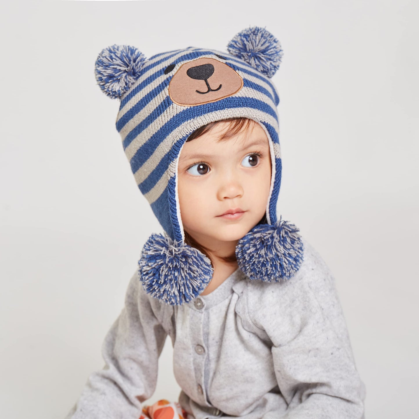 Langzhen Toddler Kids Infant Winter Hat,Earflap Knit Warm Cap Fleece Lined Beanie For Baby Boys Girls (Bear-Blue+Grey 6-12 Month