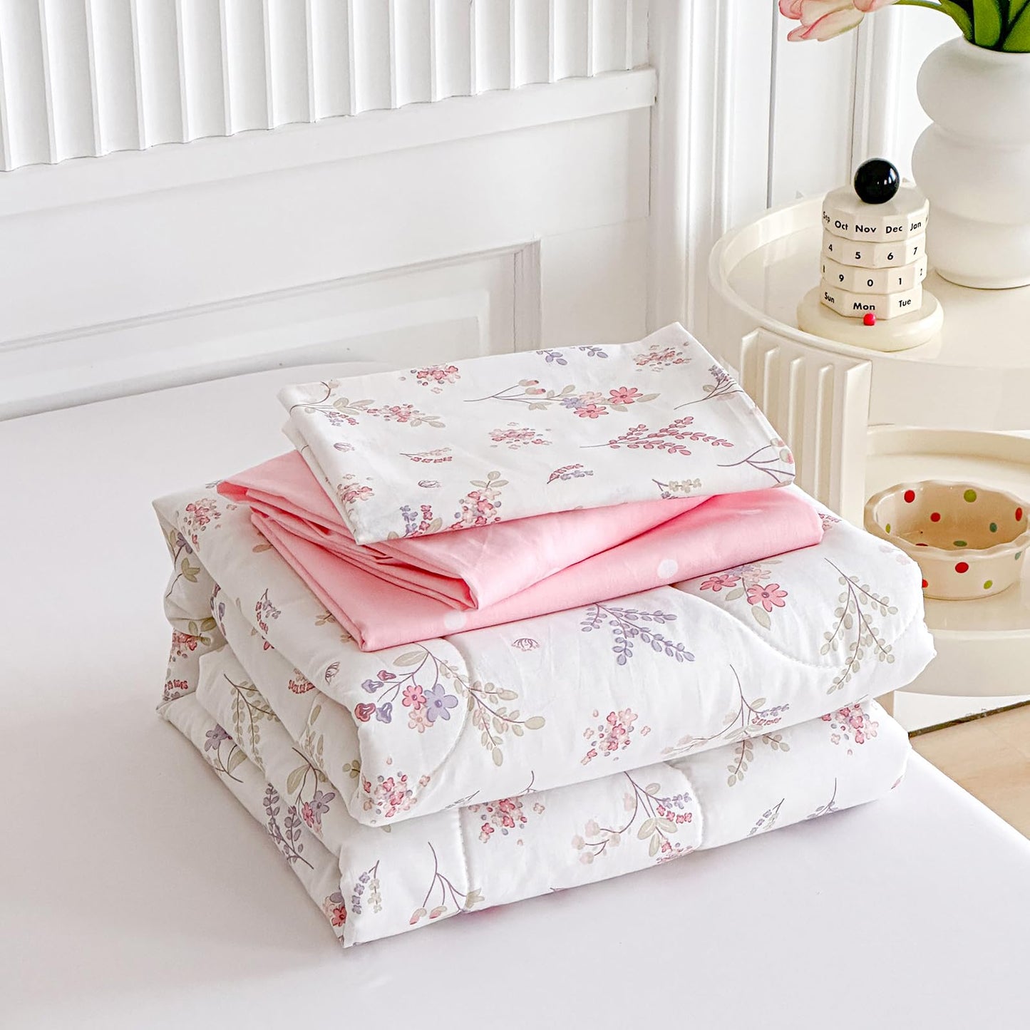 Joyreap 4 Piece Cotton Toddler Bedding Set For Girls, Flowers N Leaves Pink Design, Soft Breathable Cotton Toddler Comforter Set