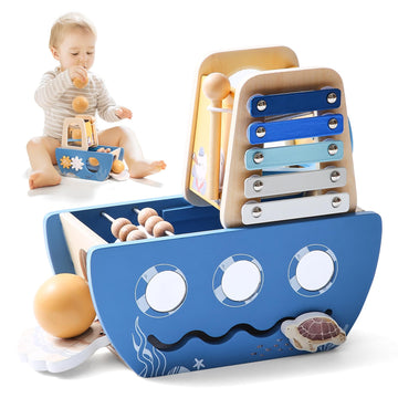 Promise Babe 5-in-1 Baby Wooden Activity Cube, Sea Ocean Montessori Toddler Toys for 1+ Year Old Boys Girls Gifts, Educational L