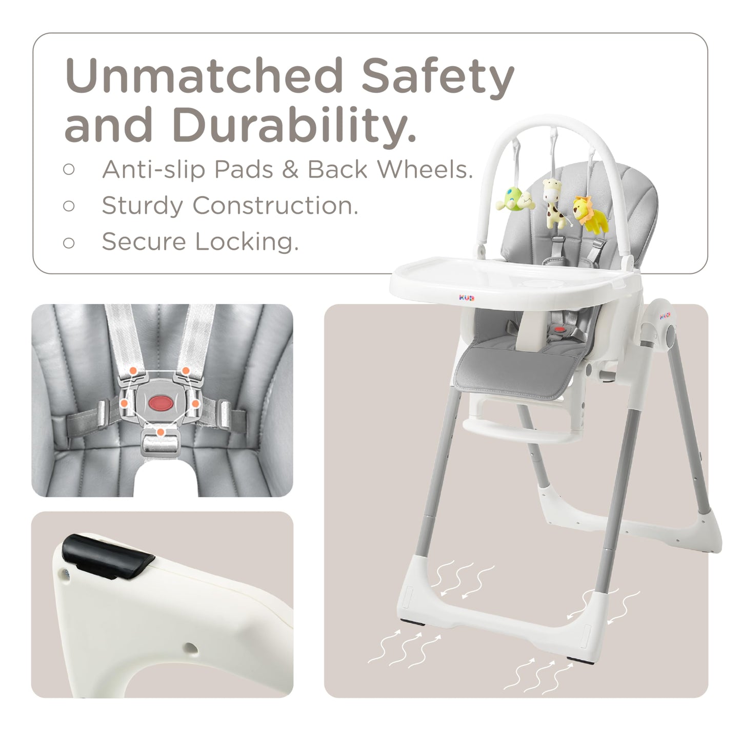 Kb 3-In-1 Foldable Baby High Chair, 7 Height & 4 Recline Adjustable, Removable Seat & Tray For Easy Clean, 2 Locking Wheels, Mul