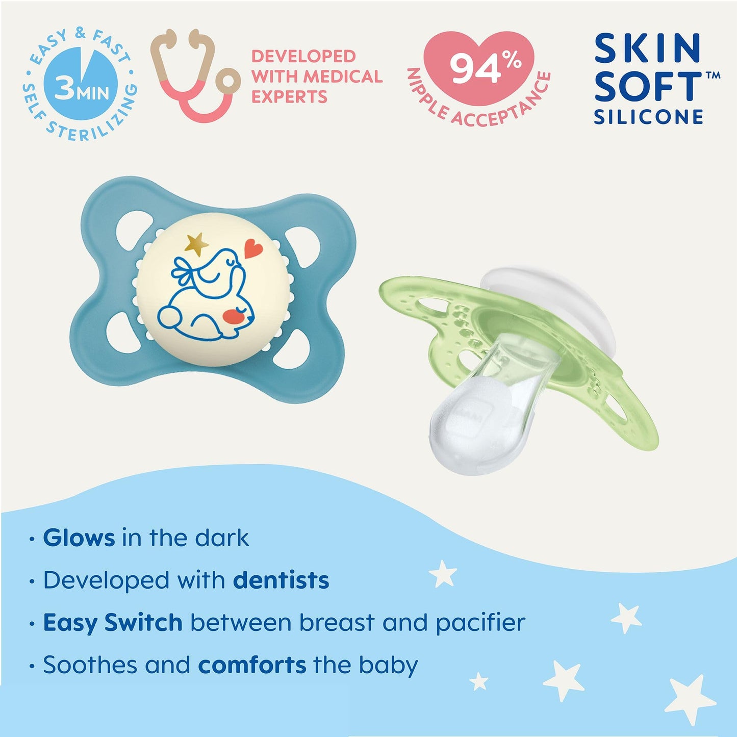 Mam Day & Night Pacifiers, Glow In The Dark Pacifier For Breastfed Babies, 0-6 Months, Baby Boy