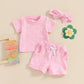 Toddler Baby Girls Daisy Chenille Patch Outfit Short Sleeve T-Shirt Shorts Headband 3Pcs Summer Clothes Set (Pink, 12-18 Months)